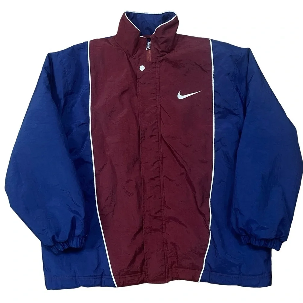 Vintage 90’s Nike Swoosh Spell Out Burgundy Blue Jacket Size XL